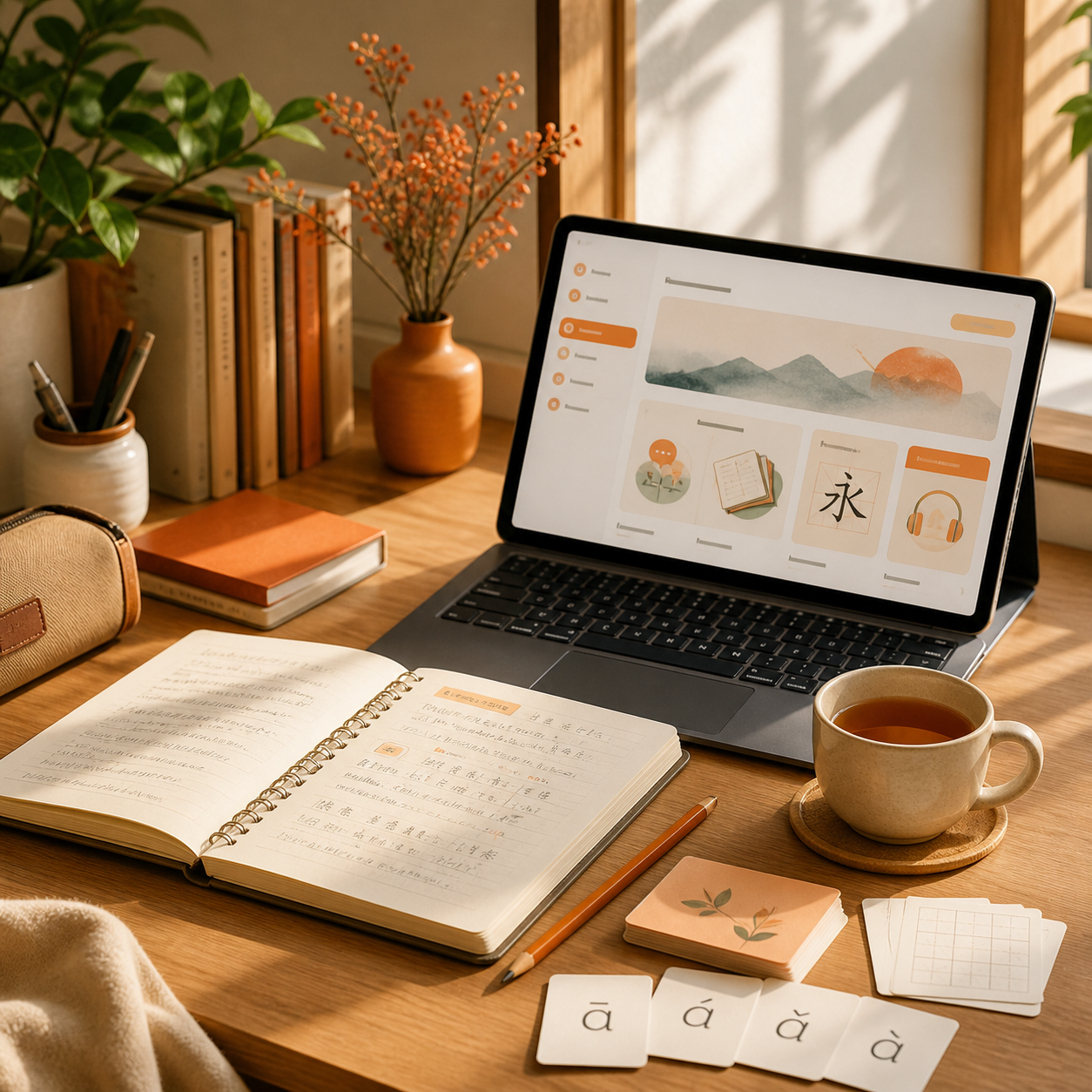 Chinese self-study desk with notebook, online lessons, and vocabulary cards