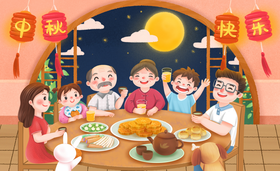 Mid-Autumn Festival with mooncakes and full moon