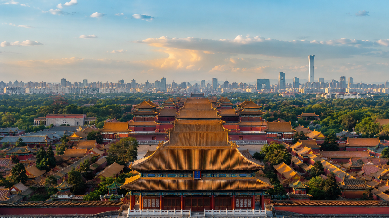 Panoramic view of Beijing with the Forbidden City in the foreground and the modern skyline in the background