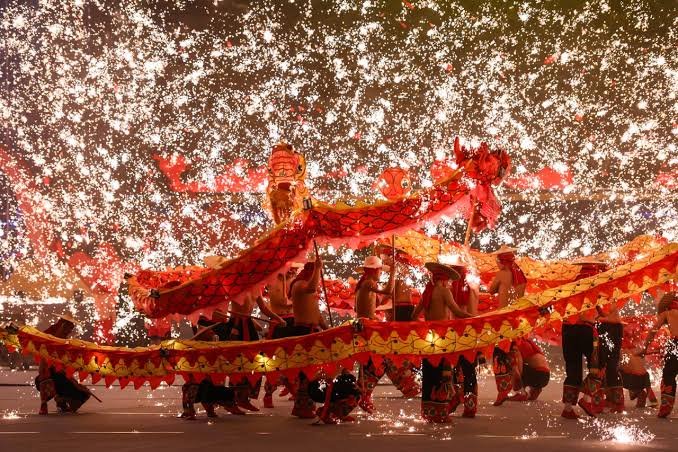 Chinese New Year celebration with red decorations